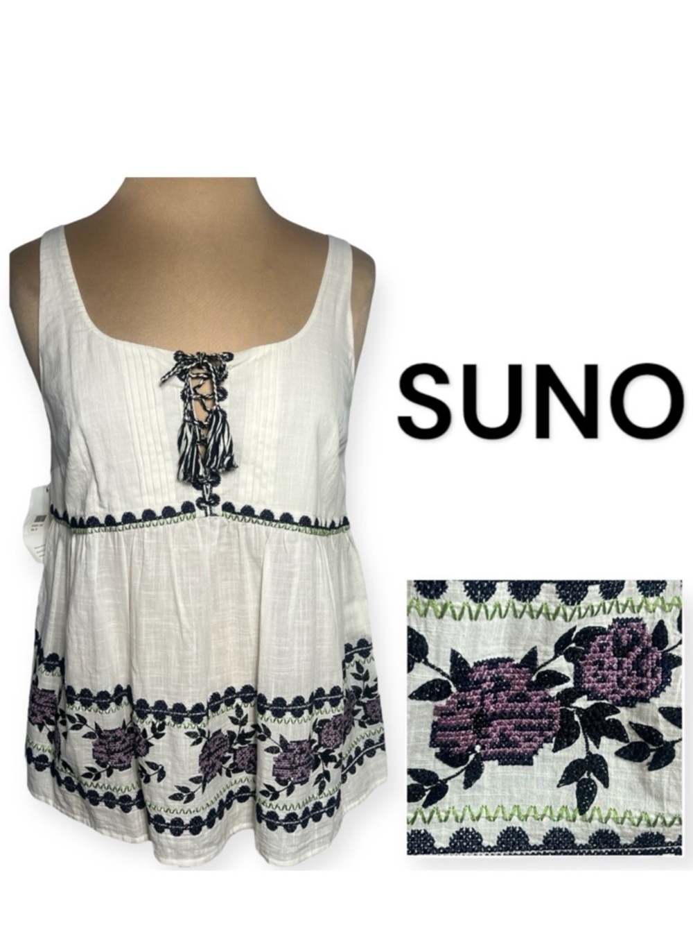 Suno boho embroidered tank top ivory with purple flowers size 10